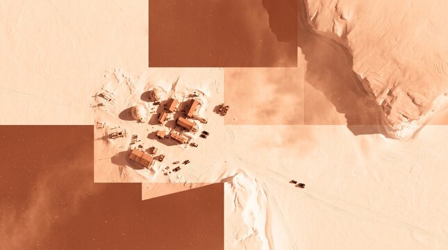 Aerial view of remote arctic research station outpost or planetary habitat base camp in sepia tone collage