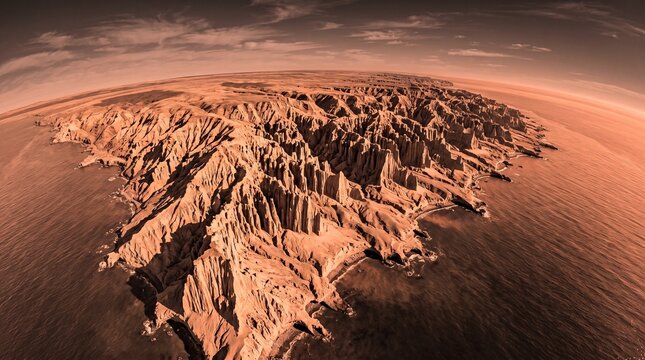 Vast, eroded desert landscape with dramatic canyons and rock formations under a wide sky