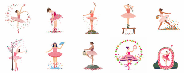 Naklejka premium Collection of Elegant Ballerinas in Pink Tutus: A Set of Whimsical Vector Illustrations Featuring Graceful Ballet Dancers in Various Poses with Floral and Nature Inspired Accents