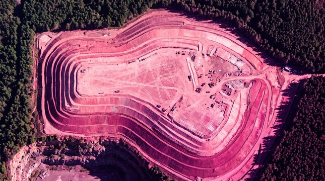Aerial view of a massive open-pit mine, showcasing its layered structure and excavation process within a forested area