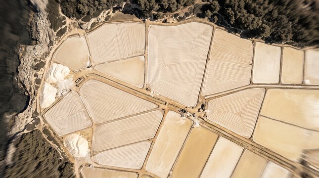 Aerial view of traditional salt evaporation ponds with geometric patterns in a rugged landscape