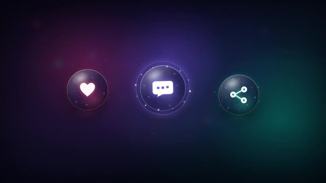 Glowing circular social media icons for like comment and share pulsing in sequence