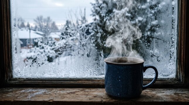 Steaming Coffee Mug on a Frosty Window Sill with Snowy Outdoor Scene