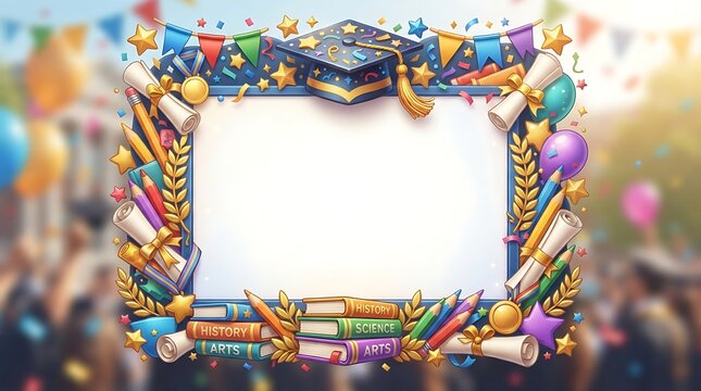 Flame-2026 graduation frame for academic certificate display featuring books and scrolls in a vibrant, celebratory design for student achievement