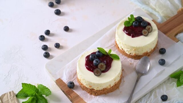 Top view of creamy mini cheesecakes featuring a smooth texture and crumbly crust under bright natural lighting, garnished with glossy berry compote and fresh mint.