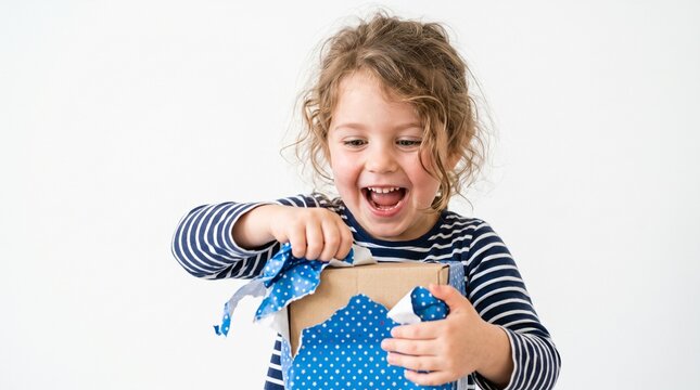 Excited young girl opening a surprise gift with blue polka dot wrapping paper