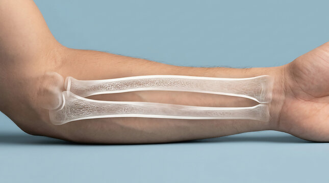 Anatomical 3D illustration of a human forearm showing internal bone