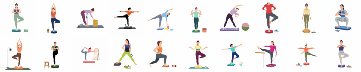 Fototapeta premium Set of Diverse People Practicing Yoga and Fitness Exercises on Balance Boards and Stability Equipment, Women Performing Stretching and Mindfulness Poses for Core Strength and Wellness