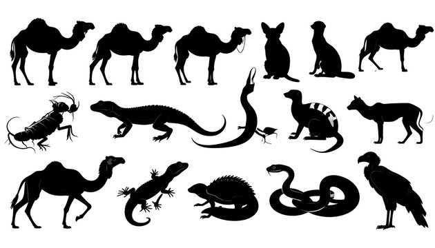 Black silhouette herd of running wildebeests and antelopes.