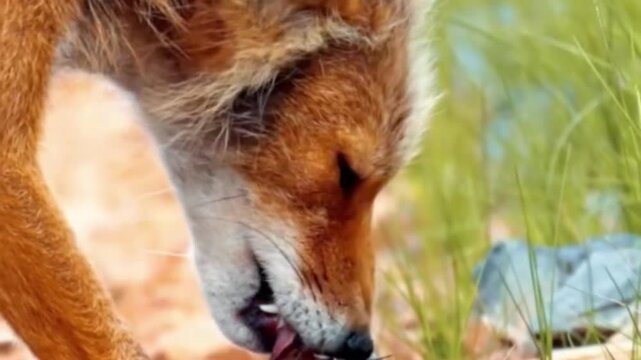 A close-up of a wild red fox foraging for food in the forest