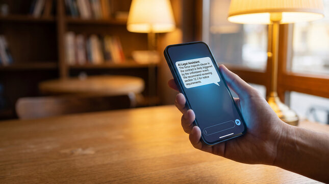 Close up of a hand holding a smartphone displaying an onboarding welcome message text on screen in a cozy warm cafe background