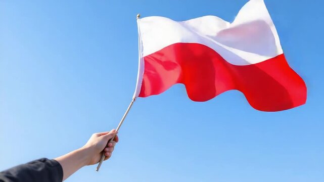 Hand waving Polish flag against a clear blue sky
