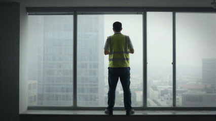 Fototapeta premium A corporate window cleaner looking outside the window on a misty city viewed from the executive floor