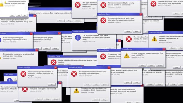 Error popup windows multiplying across a black screen until they fill the whole display