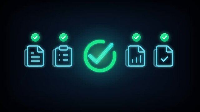Glowing document icons gaining green check marks around a large approval checkmark