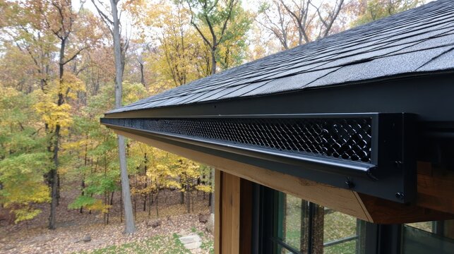 Close up of a house roof with gutter guard and trees in background