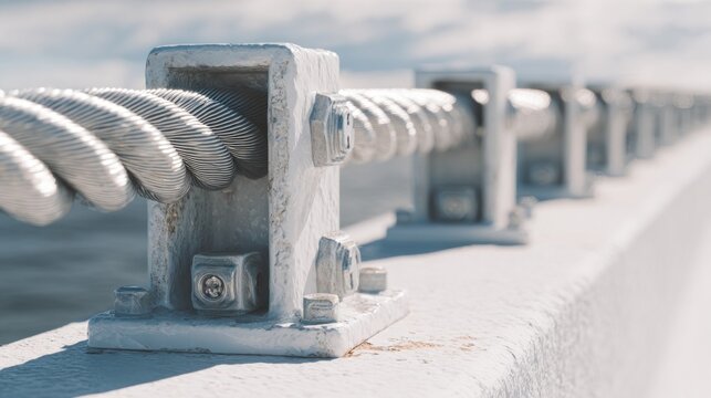 Close up of industrial metal cable and support system