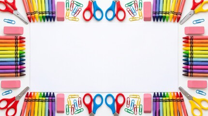 Fototapeta premium Rainbow Crayon School Supplies Border — Scissors Eraser Frame Topview