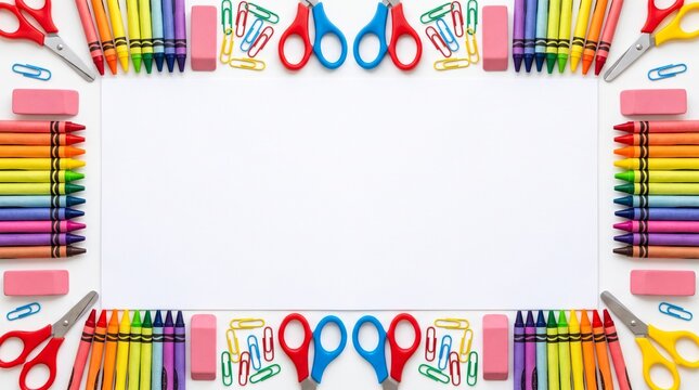 Rainbow Crayon School Supplies Border &mdash; Scissors Eraser Frame Topview
