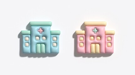 Obraz premium 3D Render Clinic Building Model with Red Cross and Trees Set in Pastel Colors