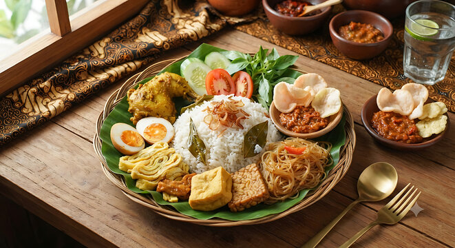 A Lavish Indonesian Nasi Campur Platter A Culinary Journey with Fragrant Rice Savory Meats Vibrant Vegetables and Crispy Accents Showcasing Rich Cultural Flavors.