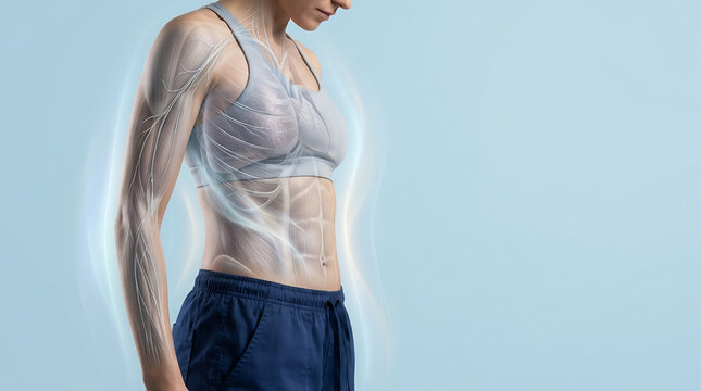 Side view of female torso with glowing white biofield and anatomical