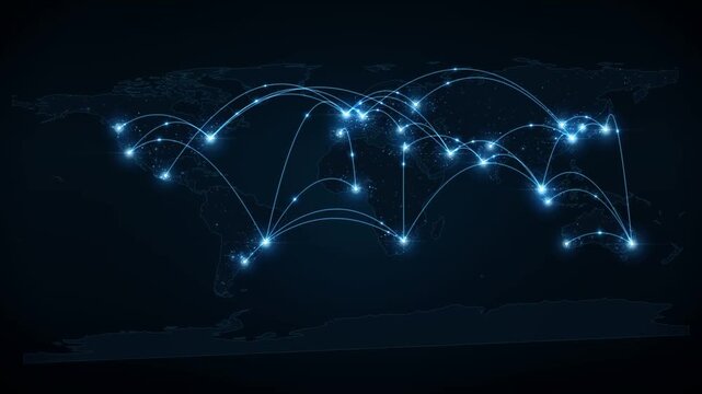 Glowing world map network with connected hub nodes and arcing data links across continents