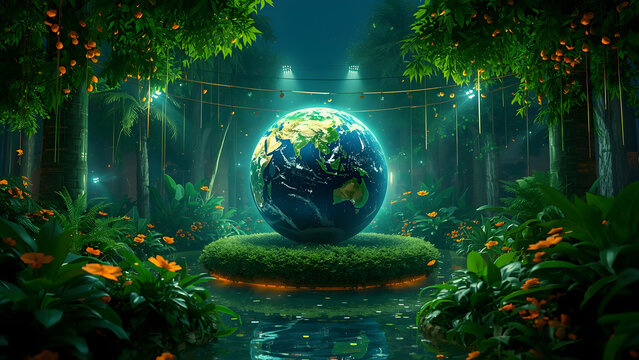 Magical Earth Globe in Lush Forest with Lights and Water Reflection