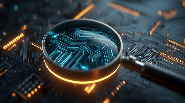 A magnifying glass examines electronic circuits to represent hardware inspection processor diagnostics and technology research.

