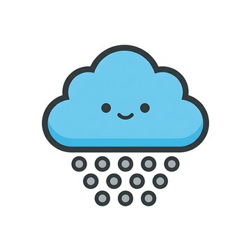 Cute cartoon blue cloud raining small gray circles with a happy face and dark outline