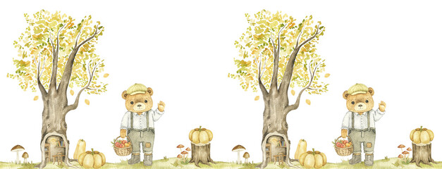 Watercolor woodland border with a bear, tree, pumpkins and mushrooms. Hand painted vintage illustration for fairy tale books, storybook pages, nursery decor and autumn stationery.