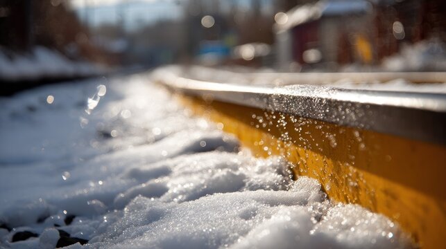 Snowy railway track close up winter scene perspective transportation
