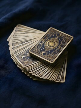 Tarot card deck fanned out with single card face-down, mystical still life