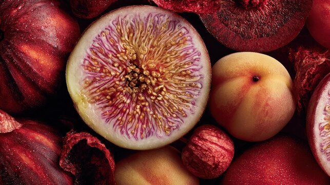 Close up of fresh figs and peaches in shades of red and yellow