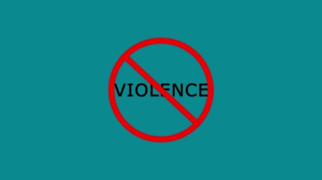 Red prohibition sign with the word VIOLENCE in white glowing text on a black background no violence