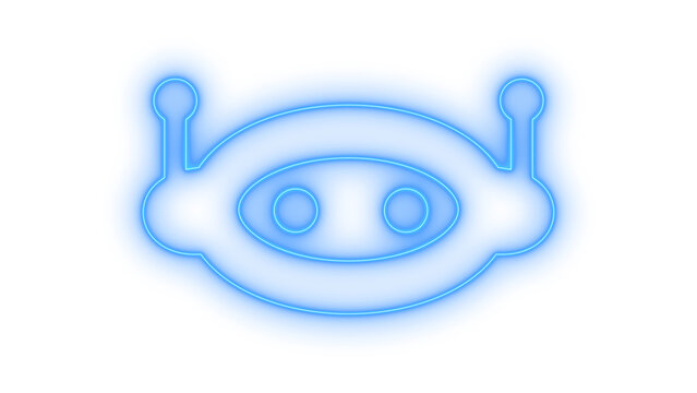 Colorful neon icon of a futuristic robot head chatbot and virtual artificial intelligence assistant for customer support isolated on transparent background