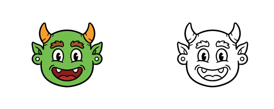 Green monster head with happy smiling mood in cartoon flat style and black outline contour version on plain white background