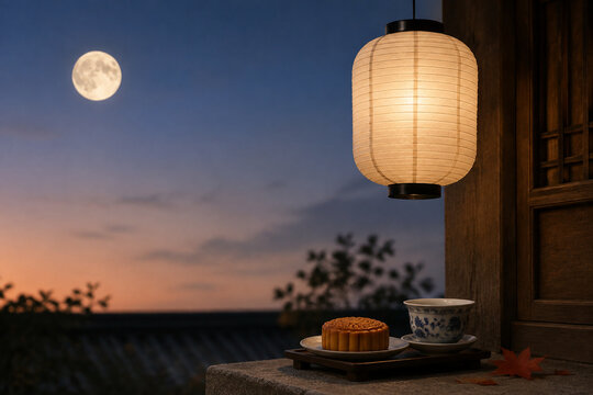 Paper lantern, mooncake and tea cup with full moon, Mid-Autumn Festival concept