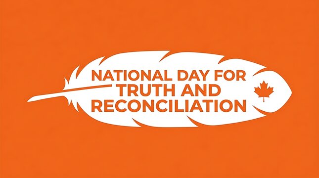 Orange feather symbol with text National Day for Truth and Reconciliation, orange maple leaf icon, commemorative graphic design, vibrant color background, educational observance concept