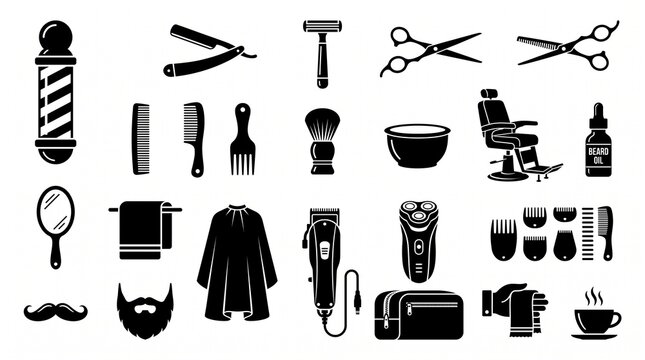 Barber tool silhouette icons grid, grooming essentials, scissors, razors, combs, clippers, chair, pole, mustache, beard, hair care