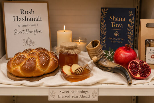 Rosh Hashanah shelf with round challah, honey jar with apple, shofar, and pomegranate on white linen, sweet new year celebration and tradition concept
