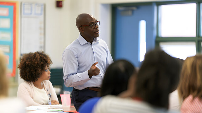 The principal is guiding a discussion with teachers at a faculty meeting.