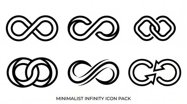 Minimal silhouettes of infinity symbols, featuring loops, arrows, and geometric variations, representing eternity, continuity, and limitless possibilities.