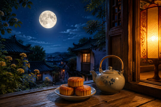 Mooncakes and ceramic teapot on wooden doorstep with full moon and lantern glow, Mid-Autumn festival concept