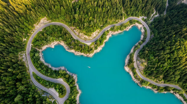 Aerial View of Winding Road Around Turquoise Mountain Lake Surrounded by Dense Forest