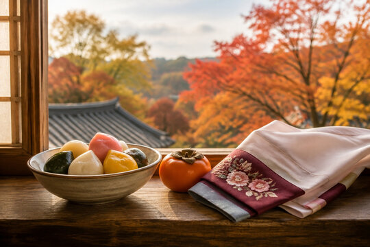 Songpyeon rice cakes, persimmon and hanbok fabric on windowsill, Korean harvest celebration concept