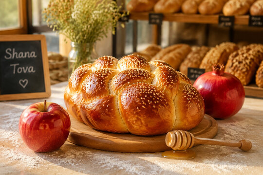 Round challah bread, apple, pomegranate and honey dipper on flour-dusted wooden board, festive bakery concept