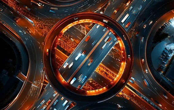 Aerial night view of an abstract city highway junction