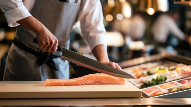 Chef slices fresh salmon fillet with long knife at sushi counter. Sashimi ingredients rest nearby for Japanese food preparation