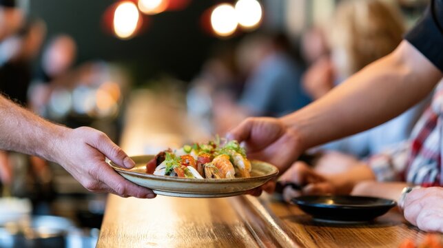 Hand passes sushi plate across restaurant table to diner. Blurred guests and warm lights show active meal service at bar seating